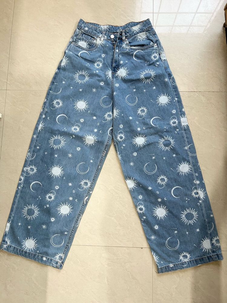 Celestial Print Wide Leg Jeans
