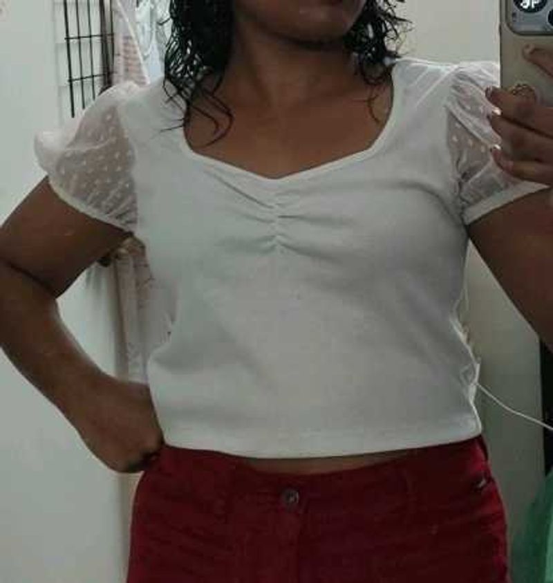 Chic White Ruched Top with Sheer Sleeves