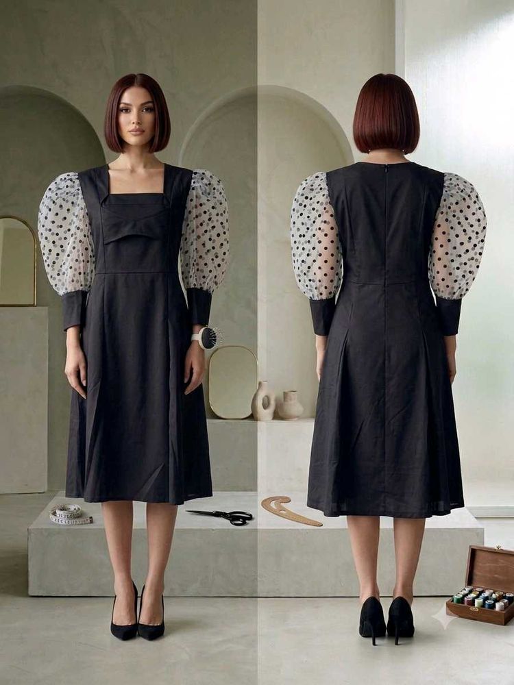 Chic Black Polka Dot Puff Sleeve Dress(XS)