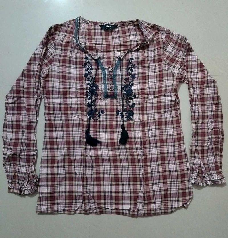 Plaid Tunic Top with Embroidery