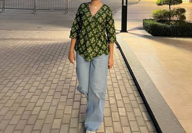 Green Floral wrap tie short Kurti 🌿