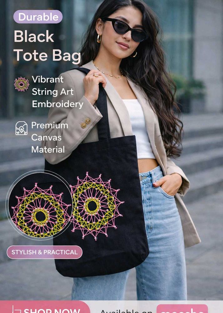 Stylish Black Tote Bag with Vibrant Embroidery
