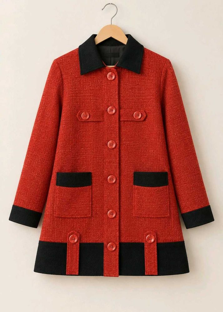 Chic Red Tweed Jacket with Black Accents