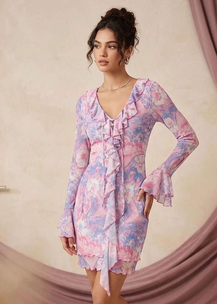 Ruffle Tie-Dye Mini Dress