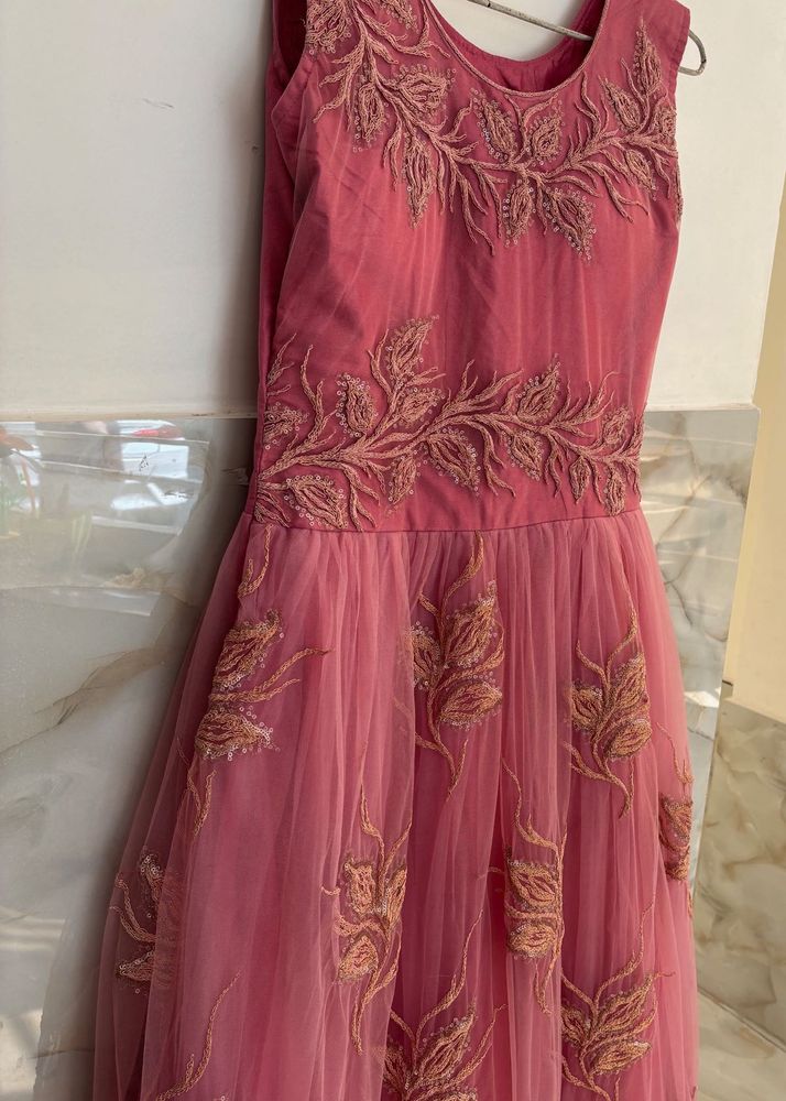 Net Embroidered Pink Gown