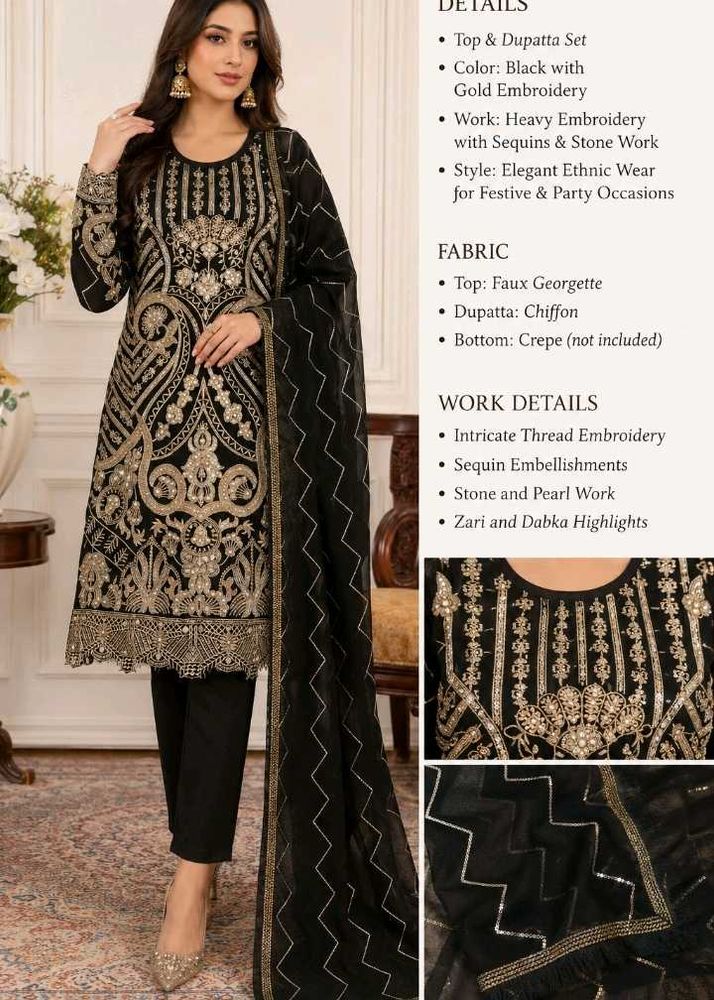 “Black &amp; Gold Royal Kurti with Dupatta