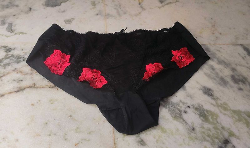 Black Lace Briefs with Red Floral Applique