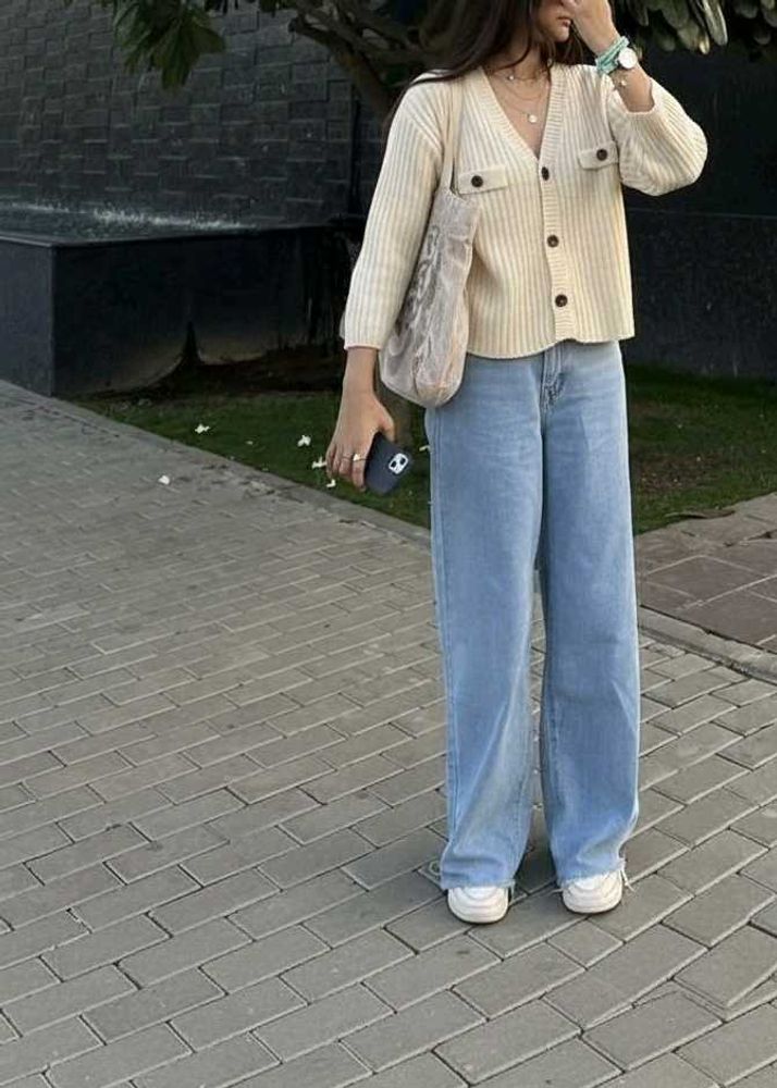 White Ribbed Knitted Cardigan Sweater