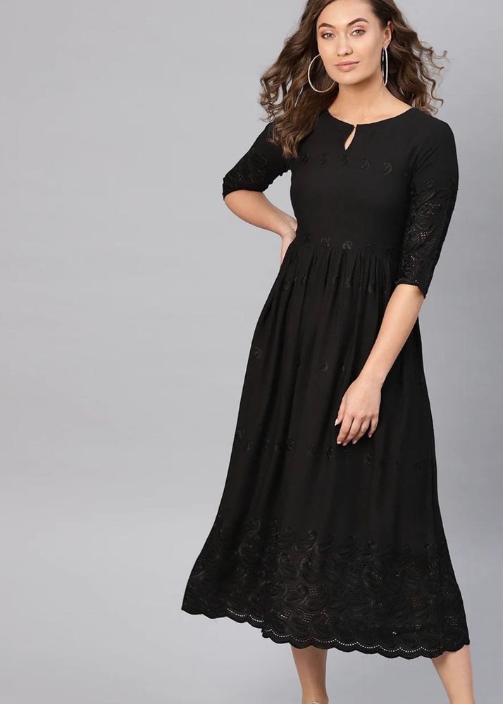 Libas Black Embroidered EthnicMotifs A-Line Dress