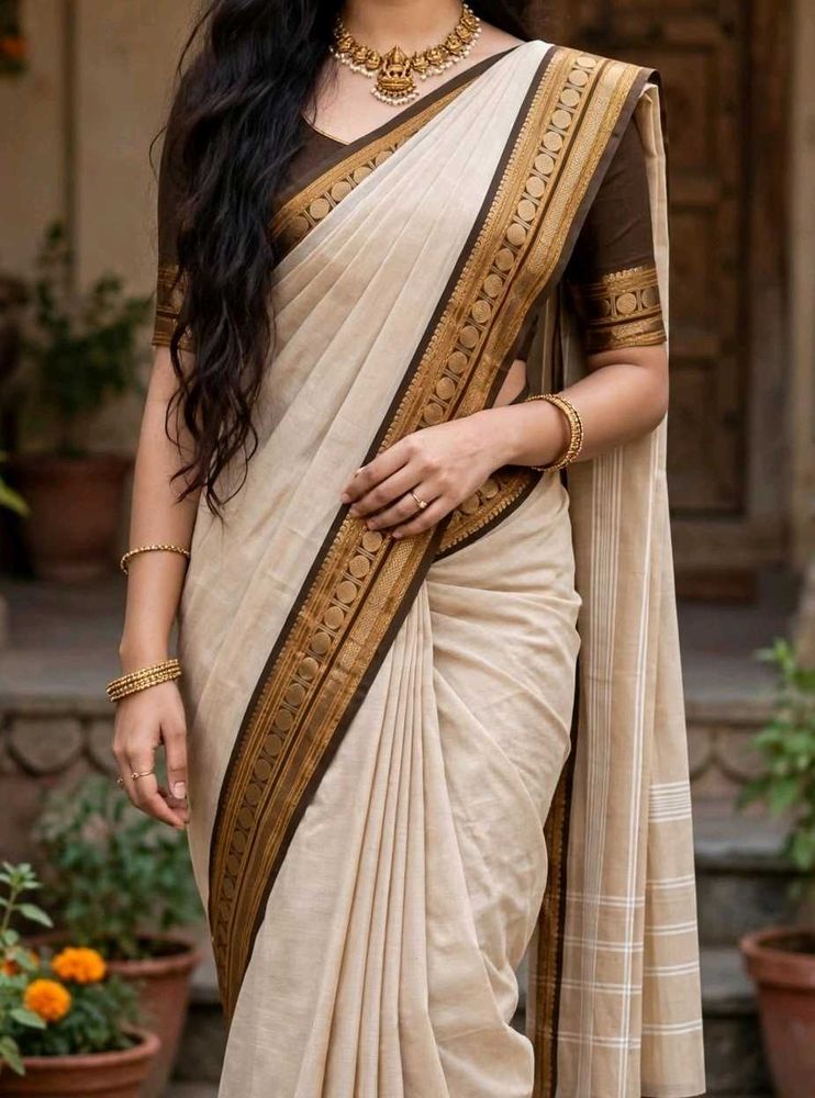 Elegant Beige Saree with Golden and  Border