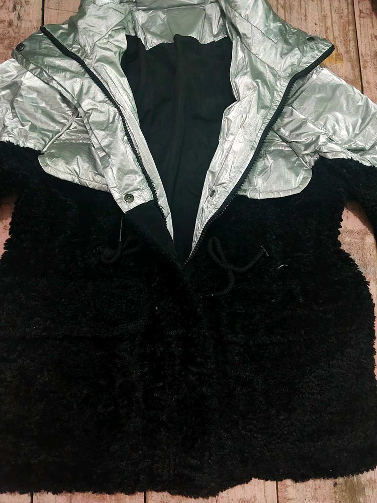Stylish Silver &amp; Black Faux Fur Jacket