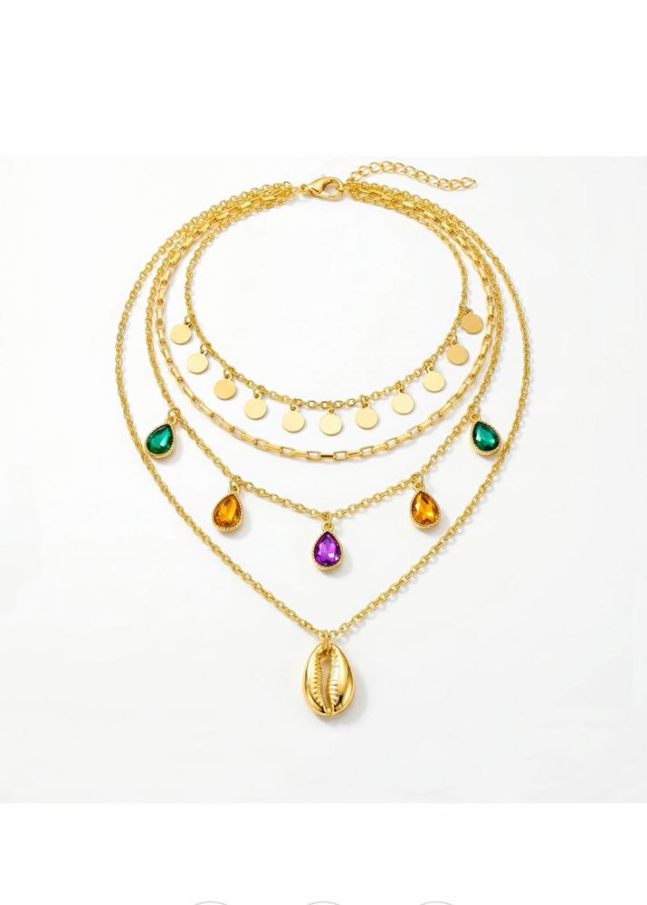 Anti-turnish Multi-Layered Gold Necklace with Gems