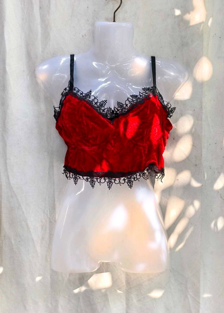 431110. Red Velvet Lace Trim Cami Top