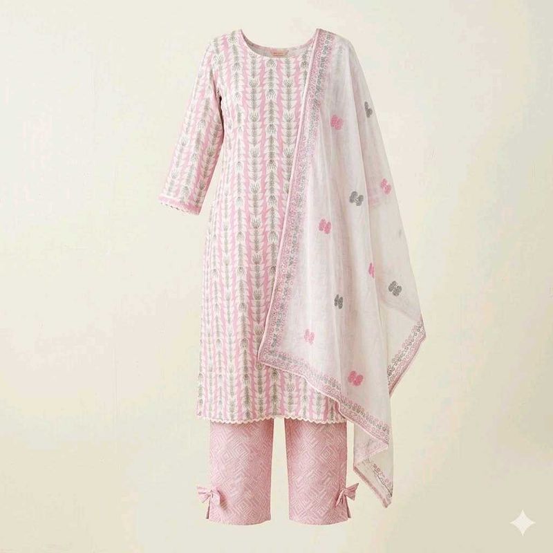 Elegant Pink &amp; White Patterned Kurta set