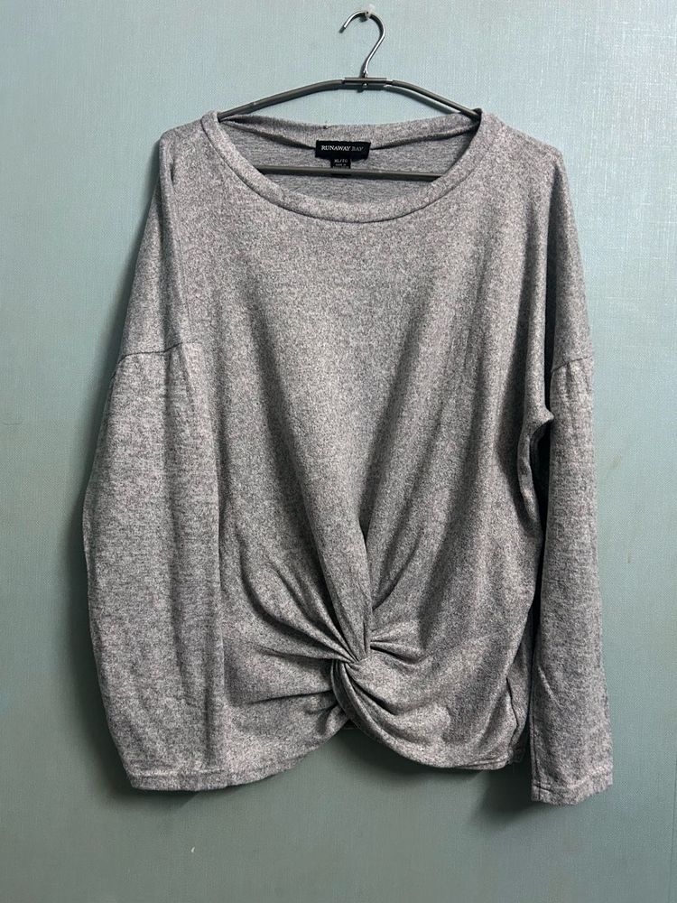 Grey Knotted Front Casual Top