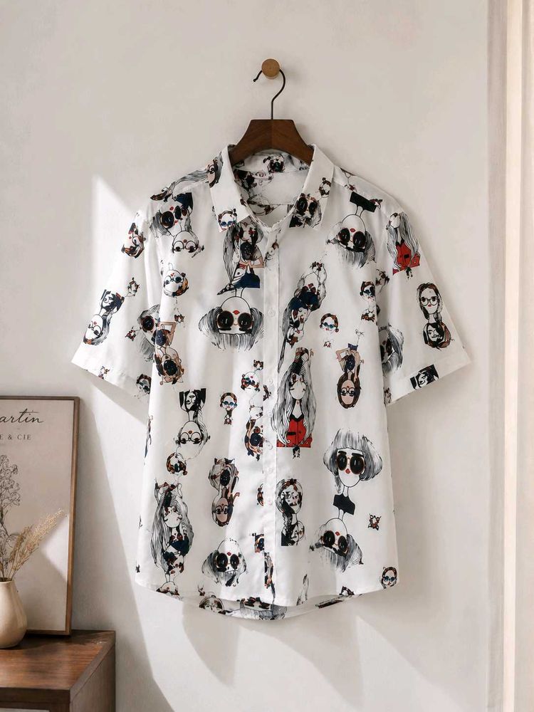 Trendy Cartoon Print White Shirt for Women