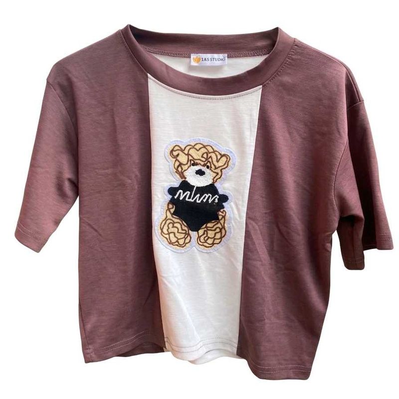 Cute Bear Patch Colorblock T-Shirt