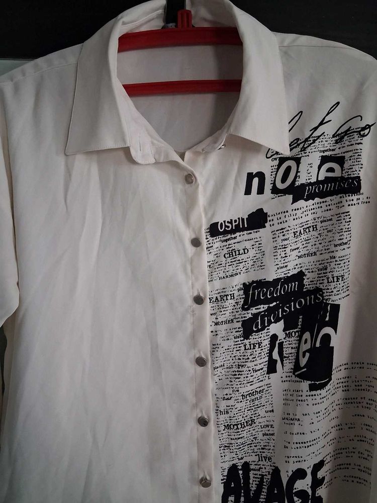 Cream Button-Down Shirt with Newspaper Print