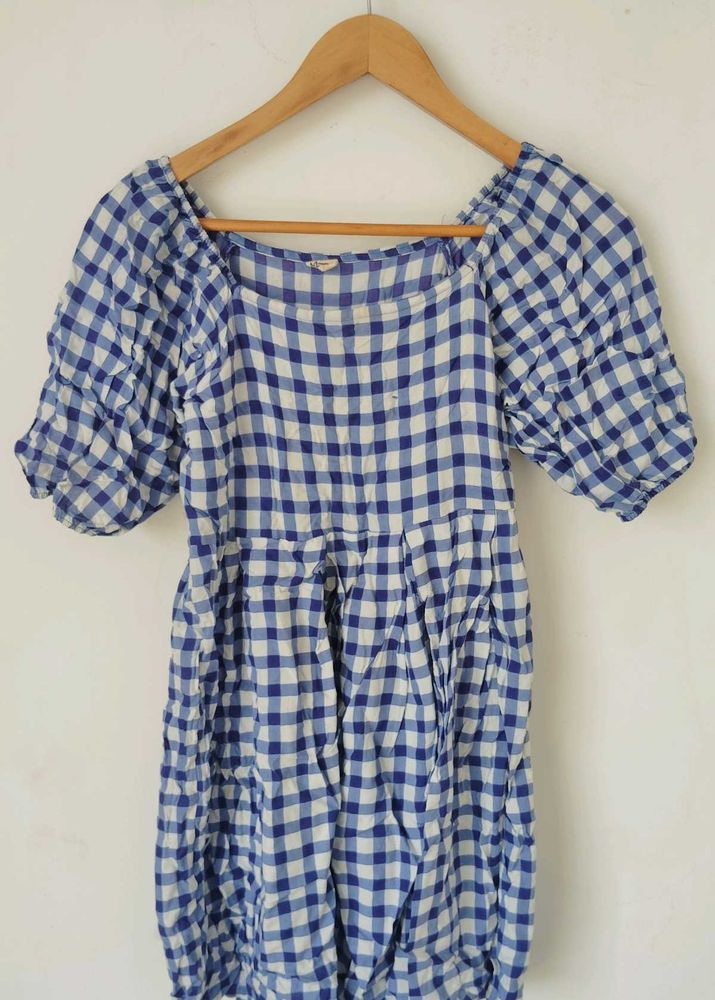 Blue &amp; White Gingham Puff Sleeve Dress💙