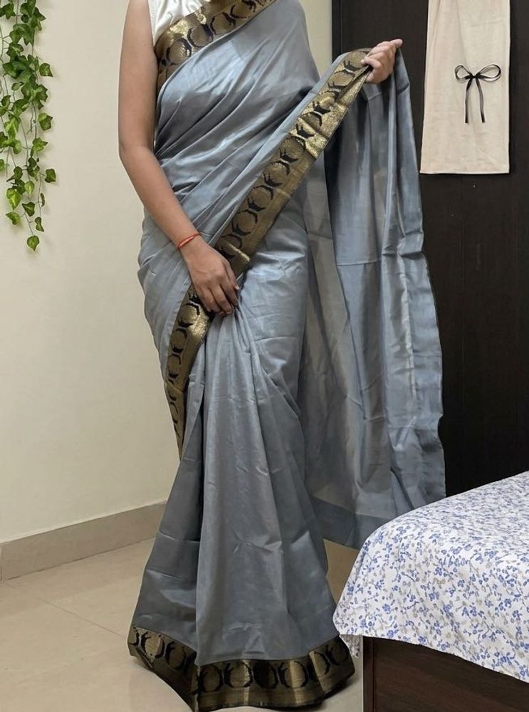 Elegant Grey Silk Saree with Black Border
