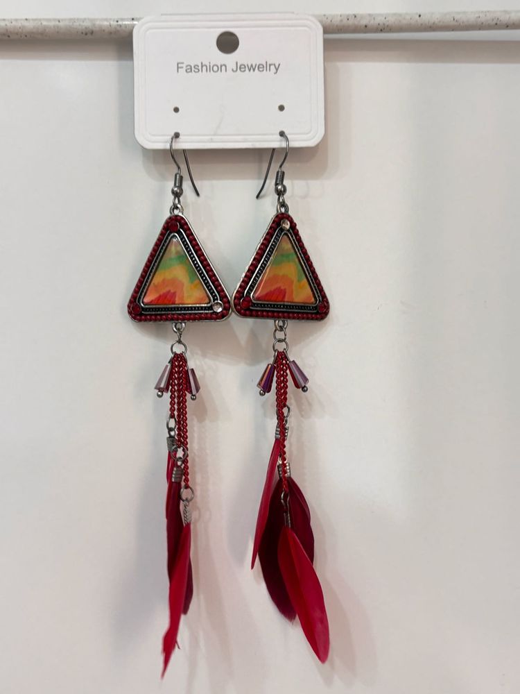Bohemian Red Feather Drop Earrings