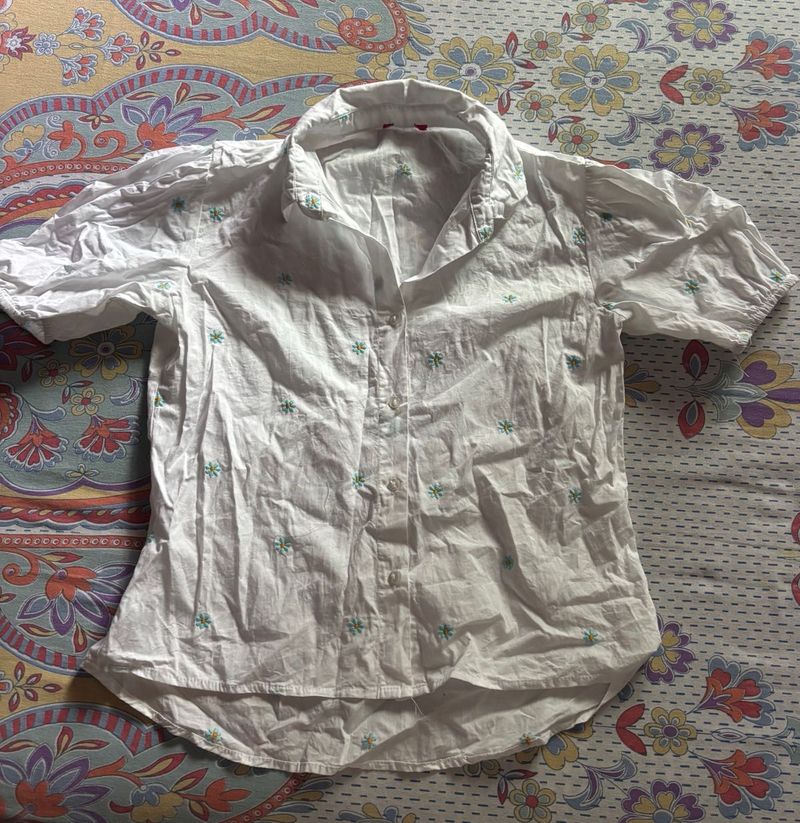 White Embroidered Short Sleeve Shirt