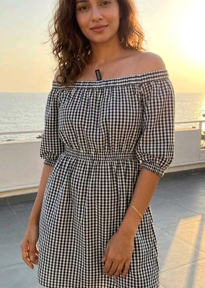 Chic Off-Shoulder Gingham Dress