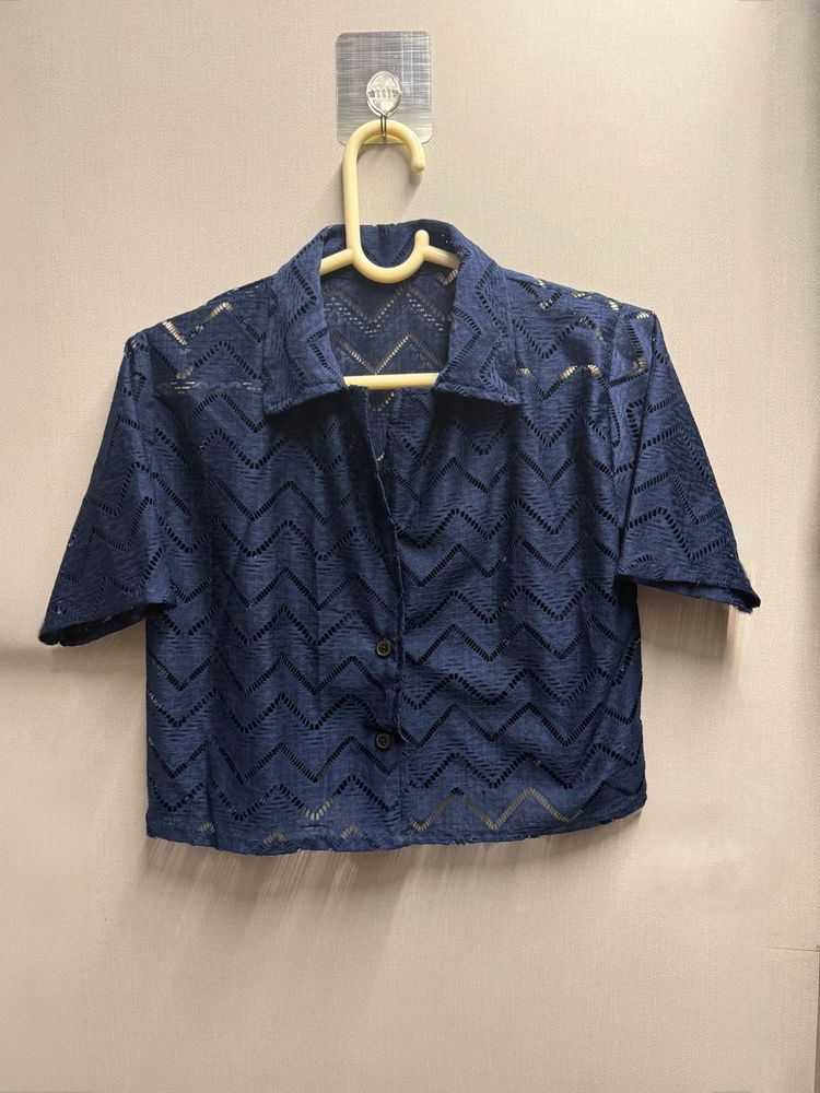 Navy Blue Chevron Patterned Button-Up Top