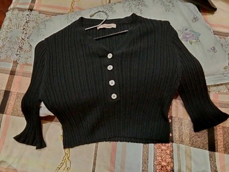 Chic Black Ribbed Button-Up Cardigan