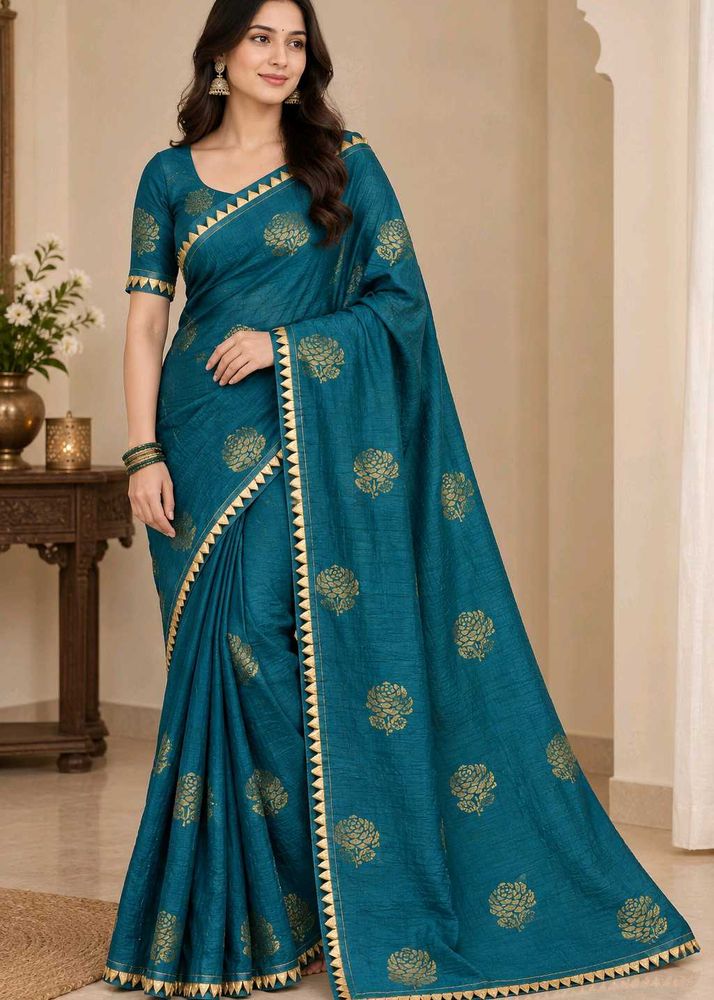Elegant Teal Saree with Gold Floral Print