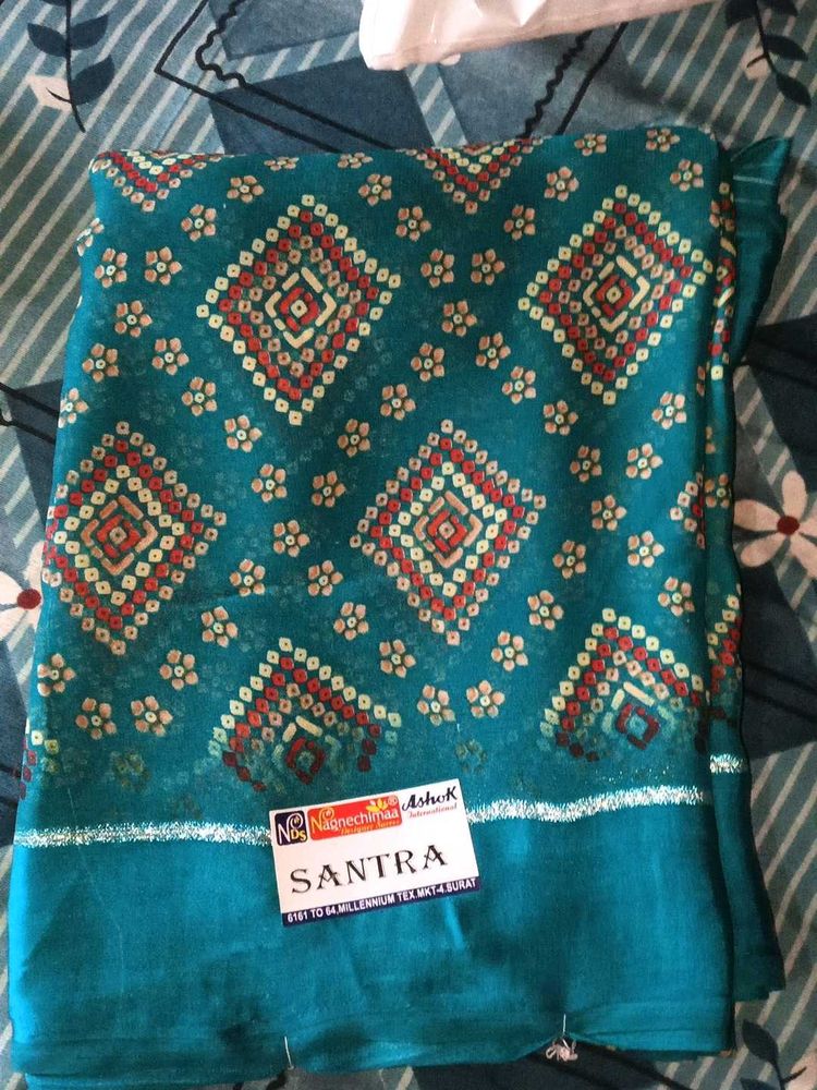Teal Bandhani Print Saree