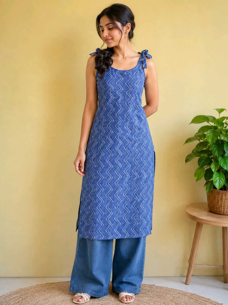 Blue Zigzag Print long sleeveless kurta🪷🌿