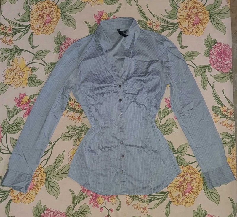 Office Siren Fitted Pinstripe Grey Shirt