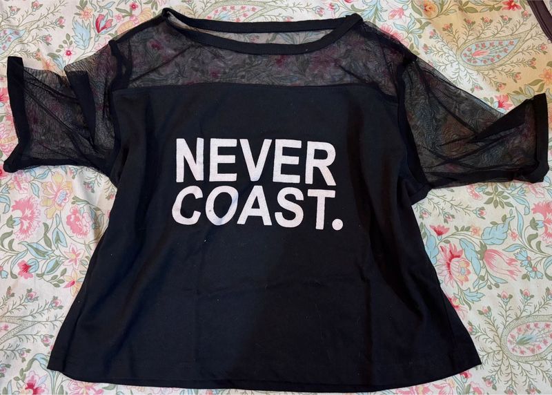 Black Sheer Sleeve "Never Coast" T-Shirt