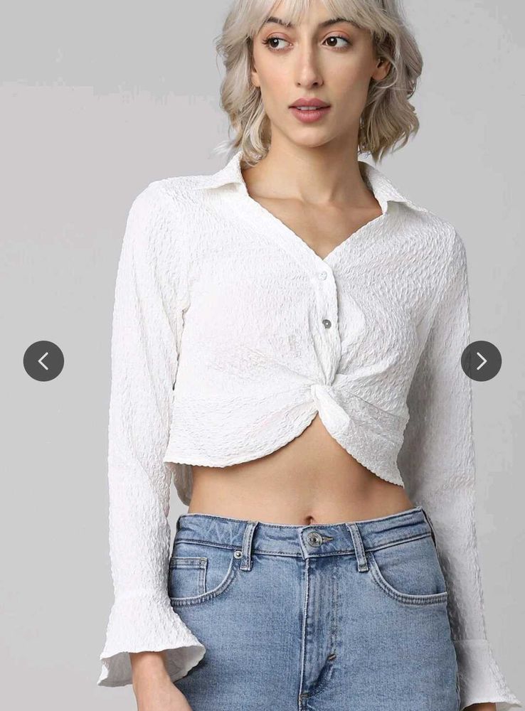 Textured White Cropped Shirt