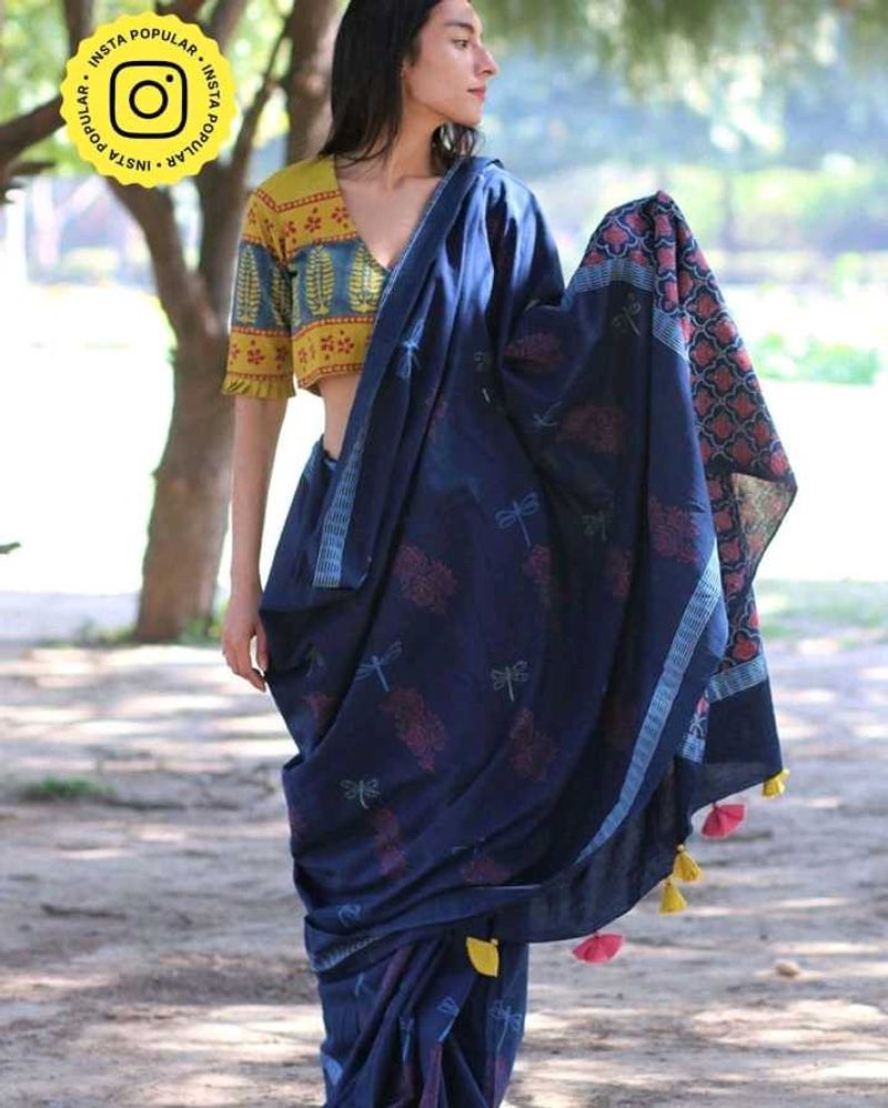 Elegant Navy Blue Saree with Dragonfly Print