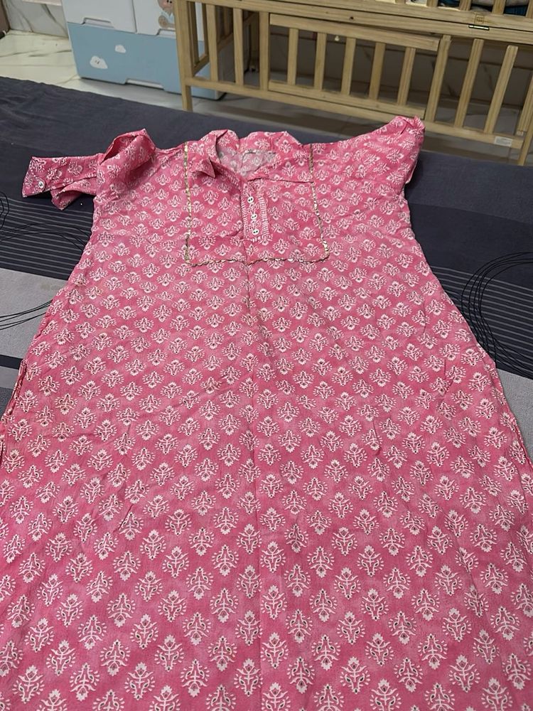 Pink Block Print Cotton Kurta