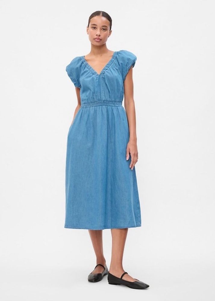 GAP Denim V-Neck Smocked Waist Midi Dress