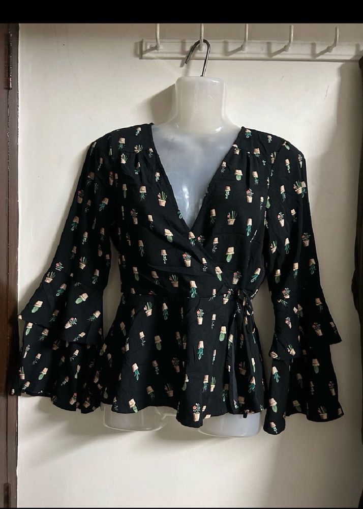 Cute Cactus Print Wrap Top