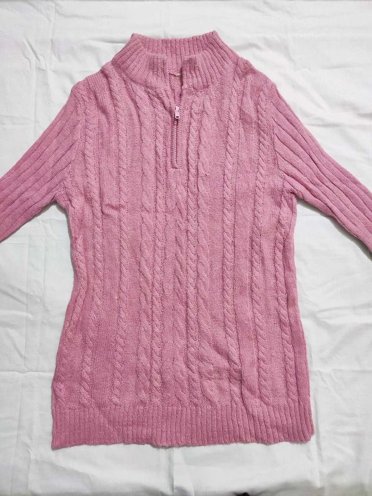 Pink Cable Knit Quarter Zip Sweater