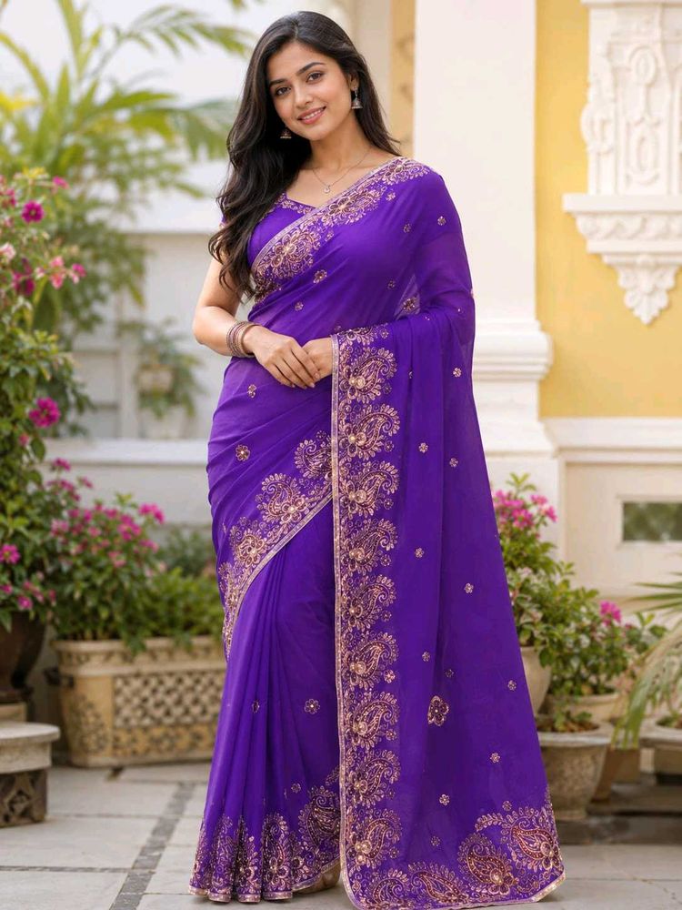 Vibrant Purple Embroidered Saree