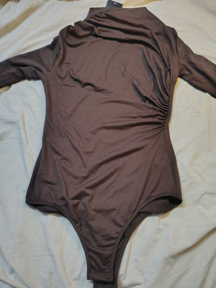 Shein Brown Ruched Mock Neck Bodysuit