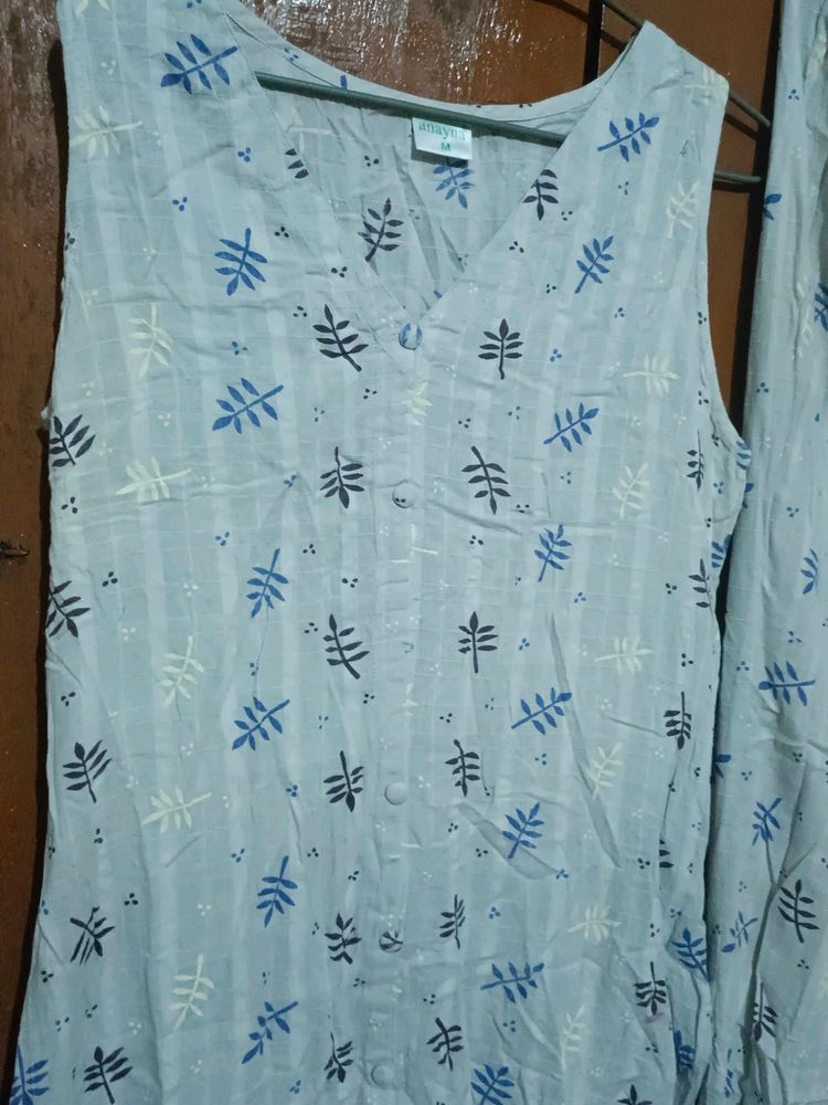 Light Blue Leaf Print Button-Up suit set