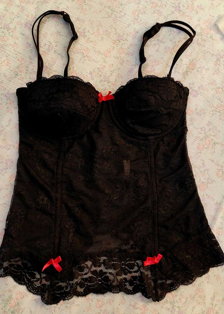 Black Lace Babydoll with Red Bows