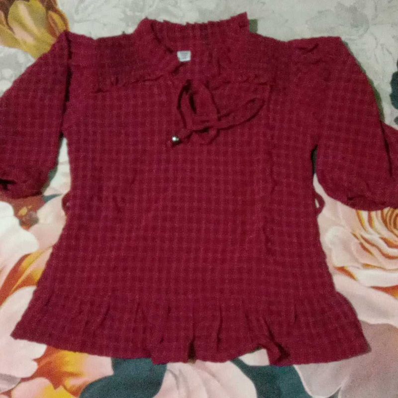 Maroon Textured Puff Sleeve Top