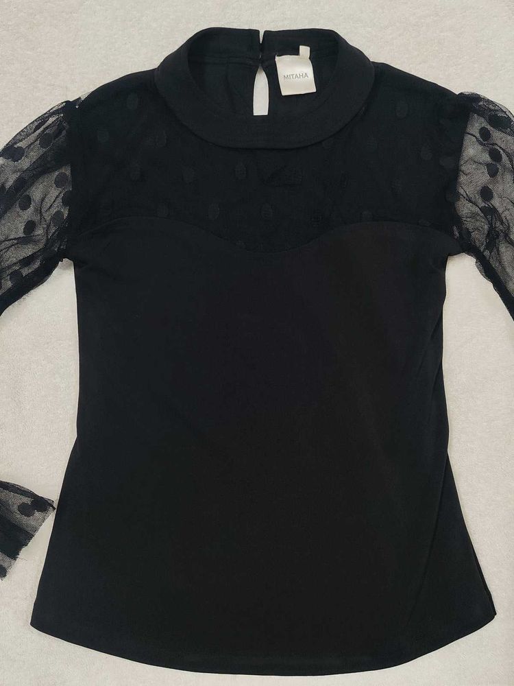 Elegant Black Polka Dot Mesh Sleeve Top