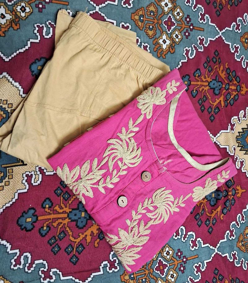 Embroidered Pink Kurta with Beige Bottoms