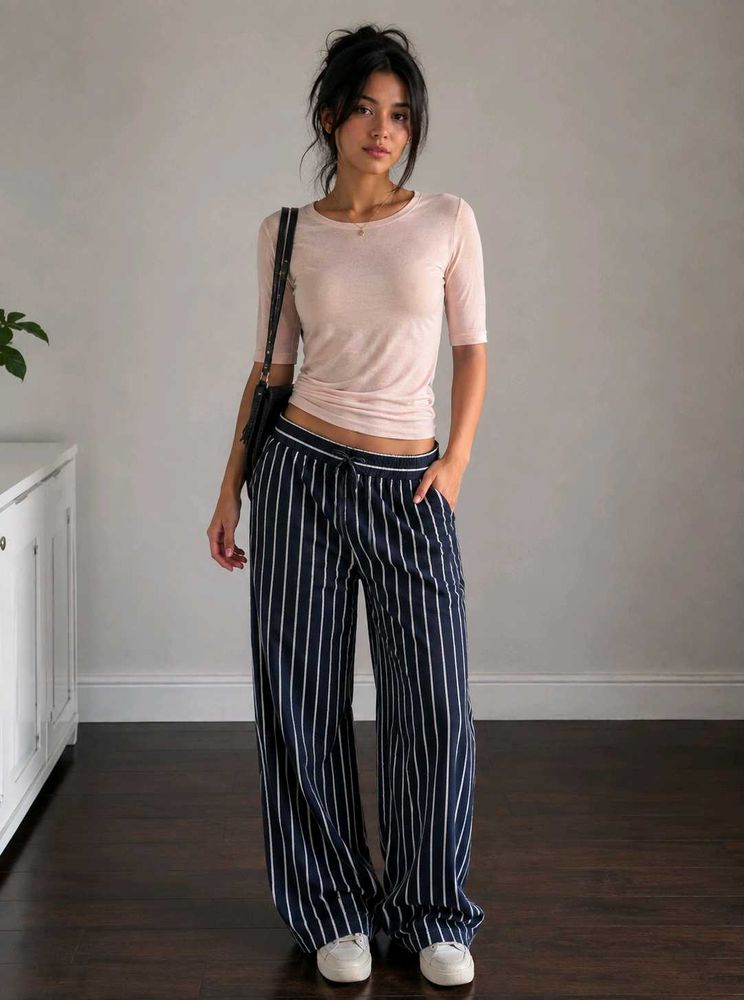 Navy &amp; White Striped Palazzo Pants