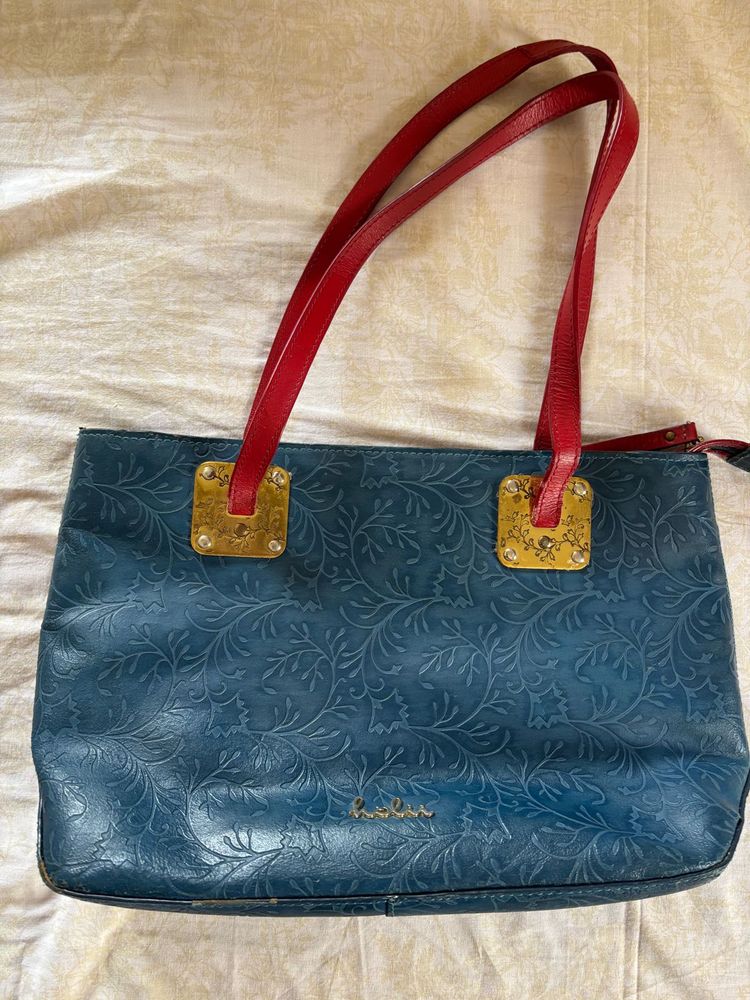 Designer Teal Purse with Red Straps