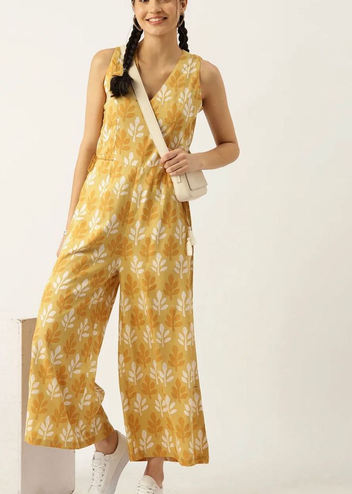 Yellow Leaf Print Sleeveless Jumpsuit